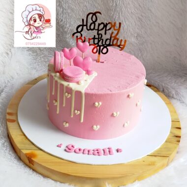 Soft Pink Drip & Macaron Heart Cake